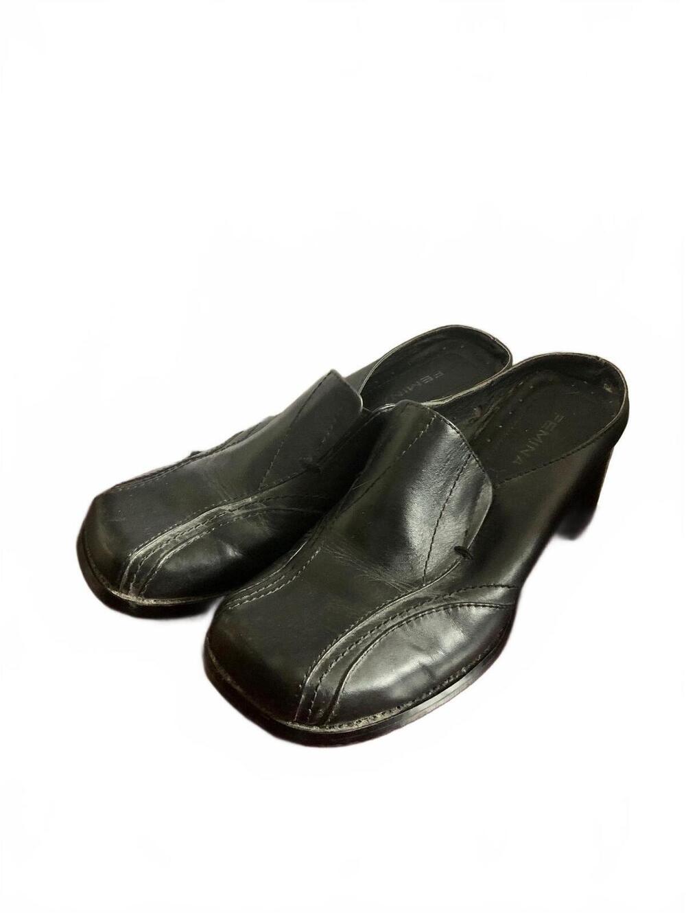 Vintage Y2K Femina Black Block Heel Mules Size 6 Square Toe Office Siren 2000s